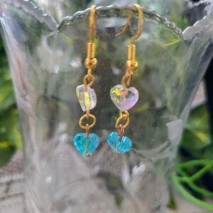 Shimmering Crystal Heart Earrings In Ice Blue And Clear Iridescent